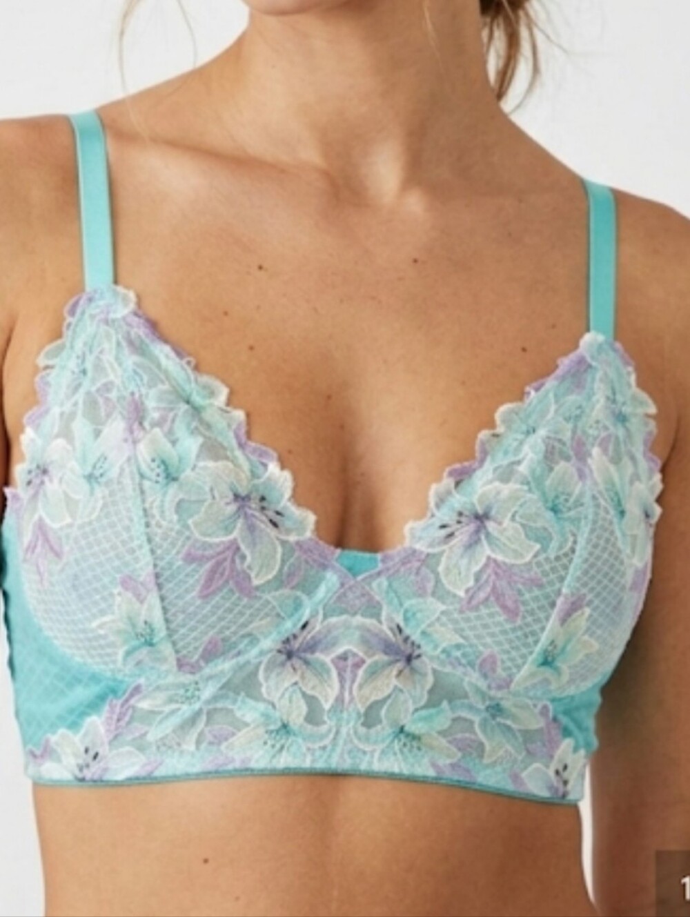 Floral Lace Wireless Bra - Aqua